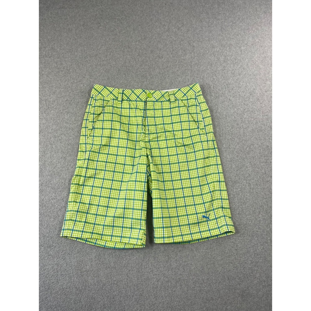Puma Golf Tech Shorts Mens 30 Green Blue White Plaid Relaxed Fit 11" Inseam